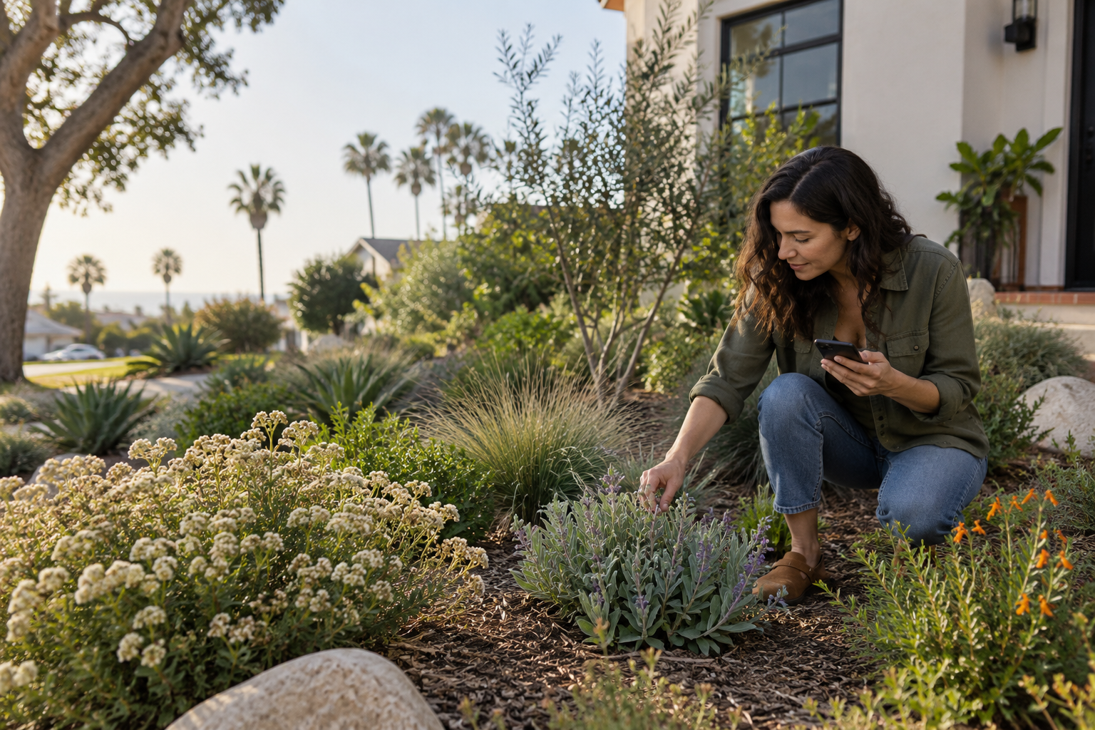 Illustration of a gardener recording a native plant in a California garden